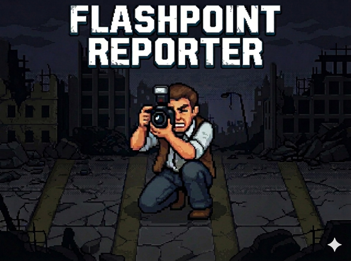 Flashpoint Reporter title screen with a reporter holding a camera in a ruined city